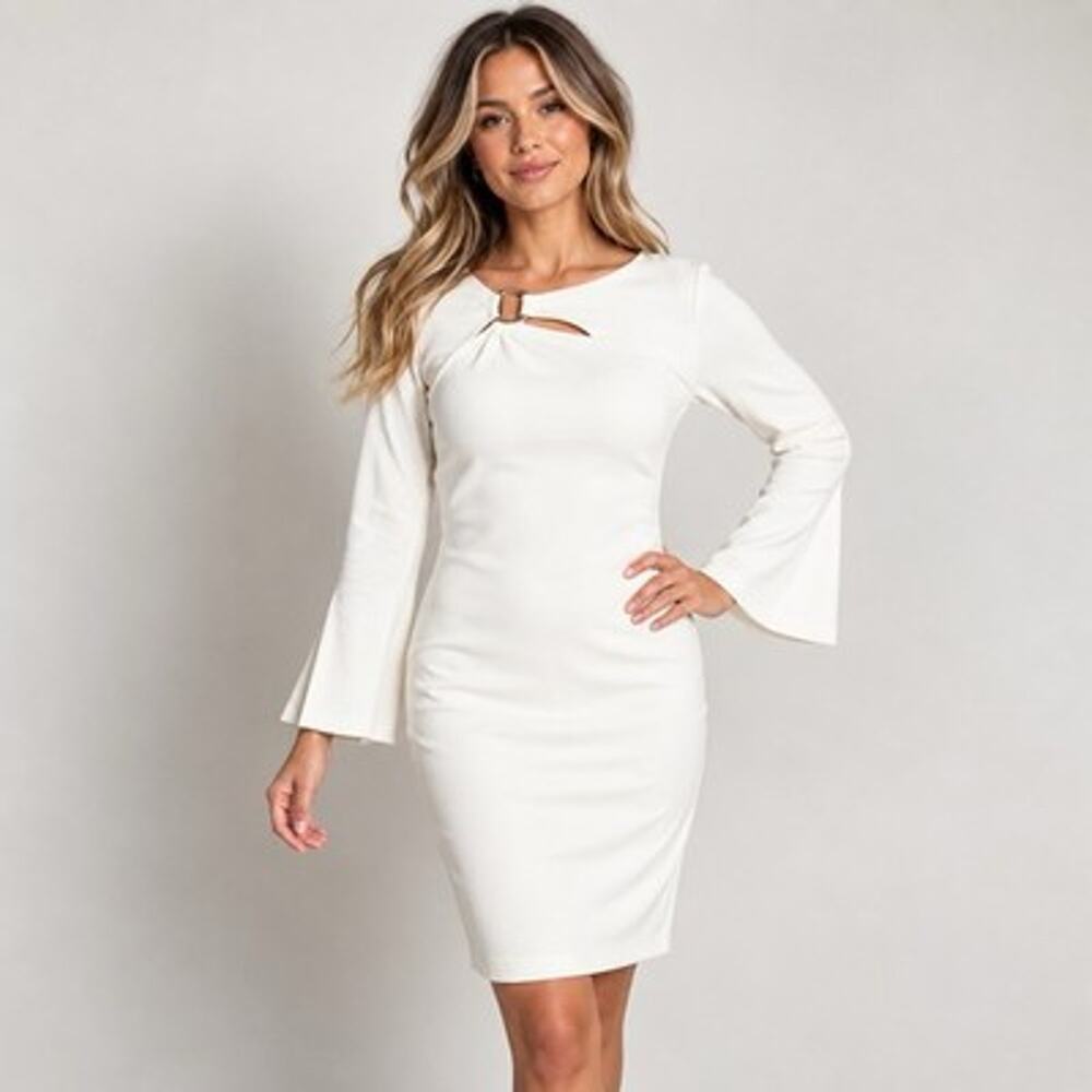 Nina Leonard Womens Ivory Shift Dress Statement Buckle Bell Sleeve Cocktail Sz M
